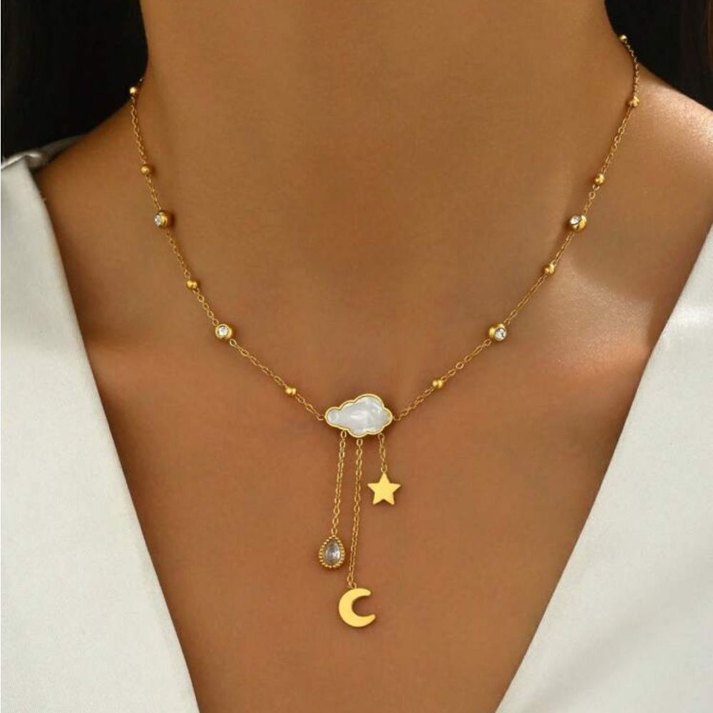 Gold Cloud Moon & Star Necklace with Pearled Chain